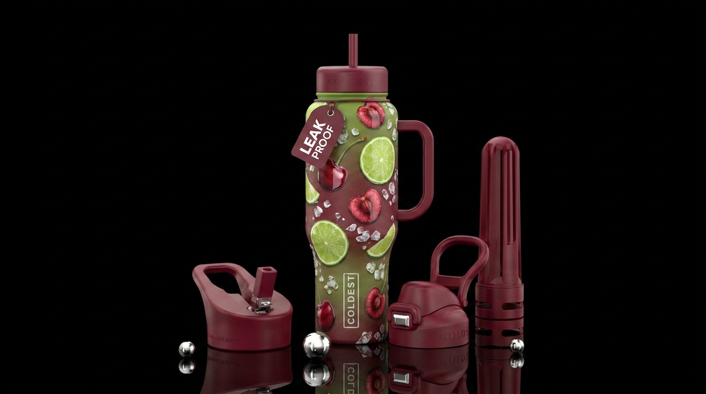 Matte cherry limeade bottle with glossy cherry bit... water bottle design