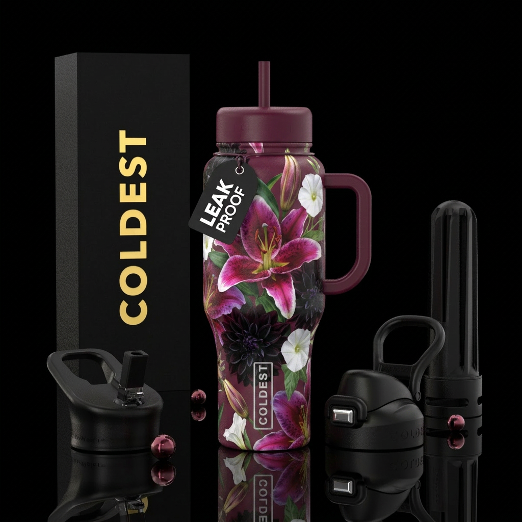 Lilies stargazers black dahlia moon flower water bottle design