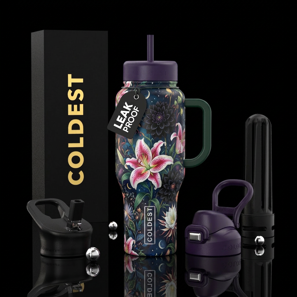 Lilies stargazers black dahlia moon flower water bottle design