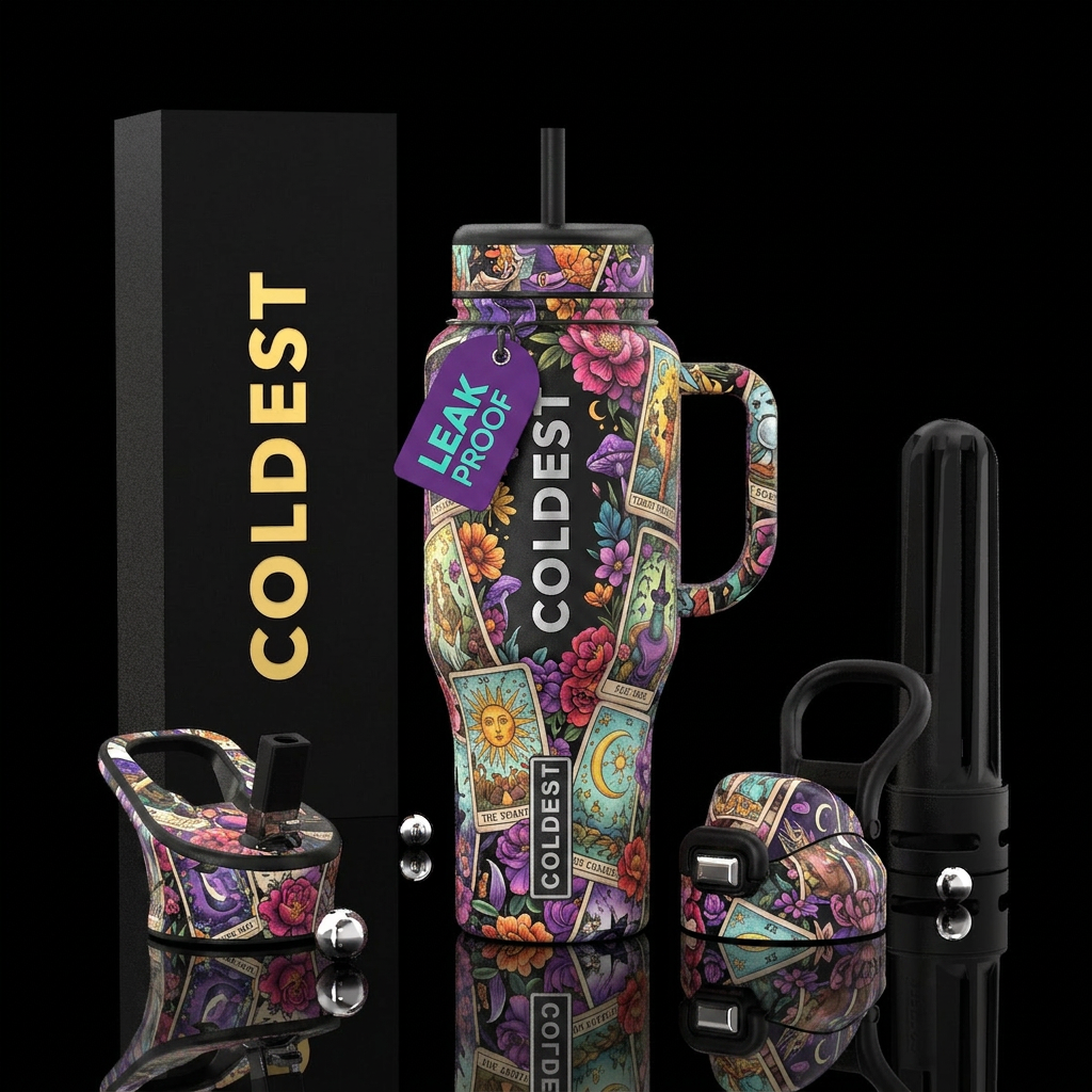Tarot cards, witchy, whimsical, flowers water bottle design