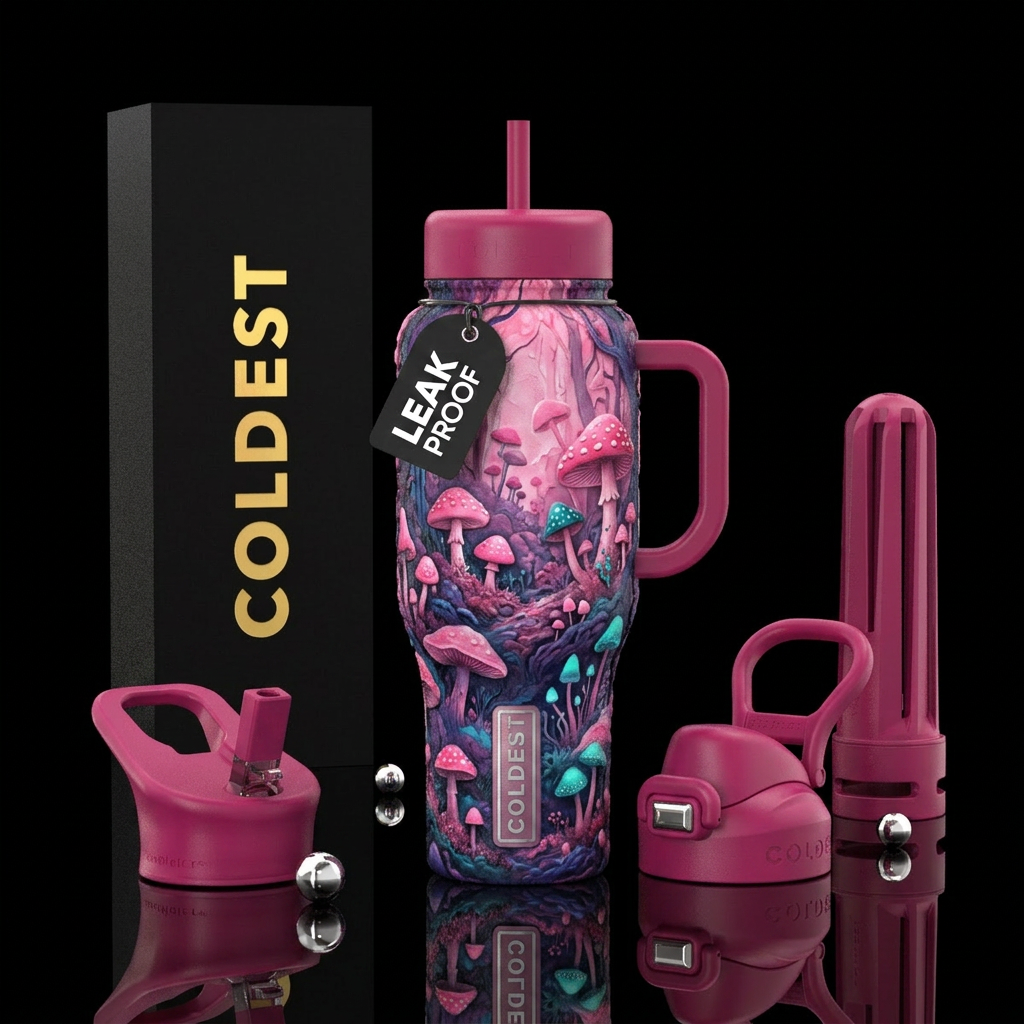 Pink,, mushroom forest water bottle design