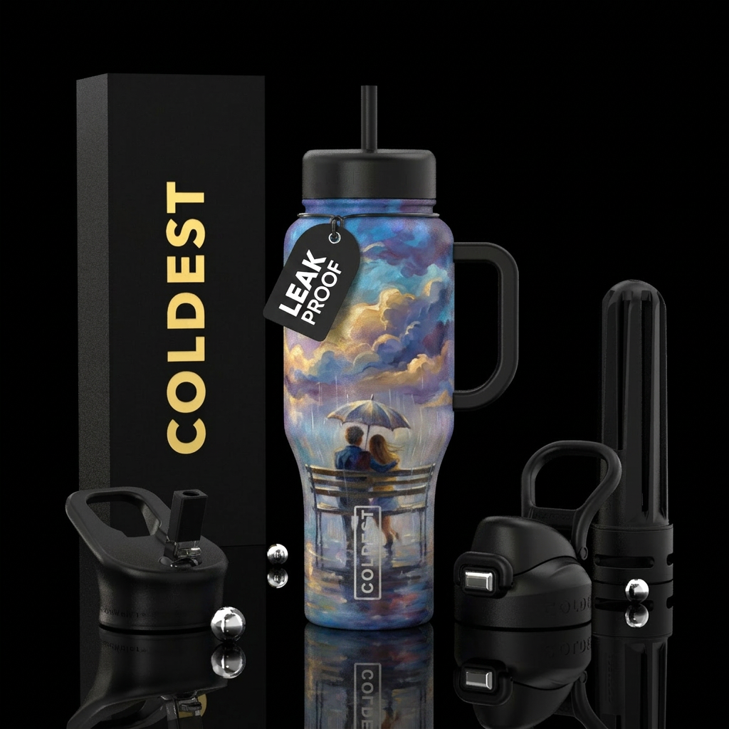 Rain,  clouds,  painting, couple, bench water bottle design