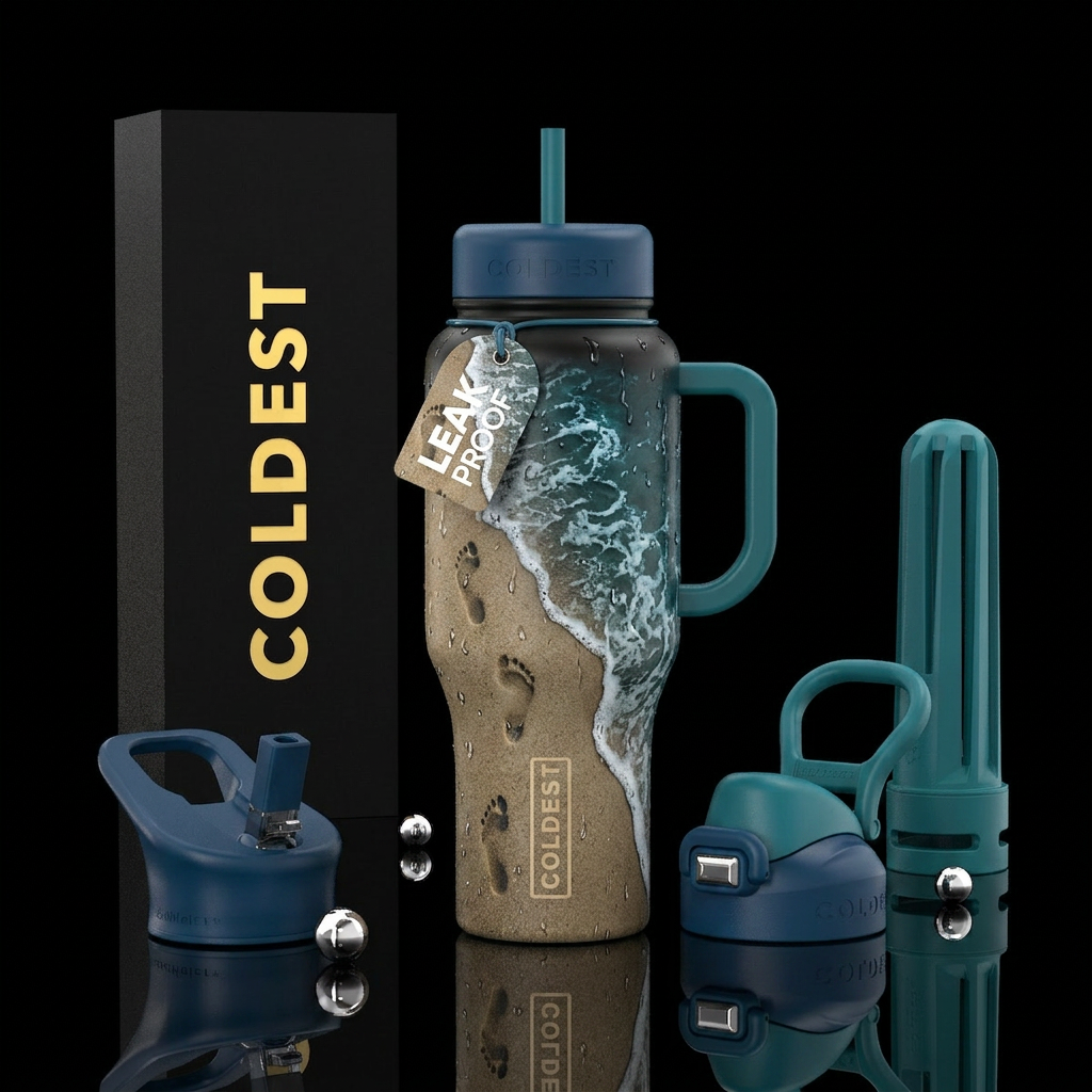 Footprints, sand, ocean, rain water bottle design
