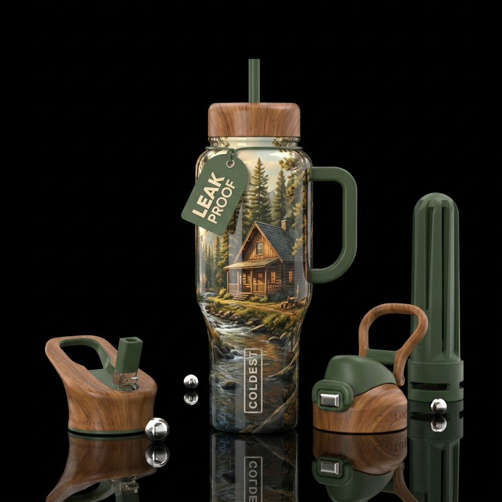 rustic, cabin, woods, river water bottle design