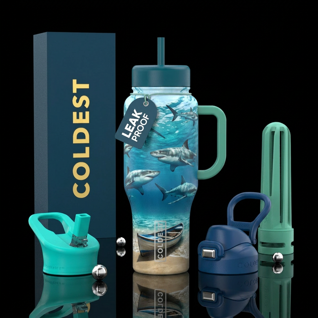 Sharks, ocean, sand, boat water bottle design