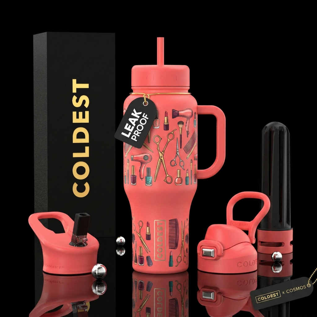 Nail polish, hair scissors, cosmetology water bottle design