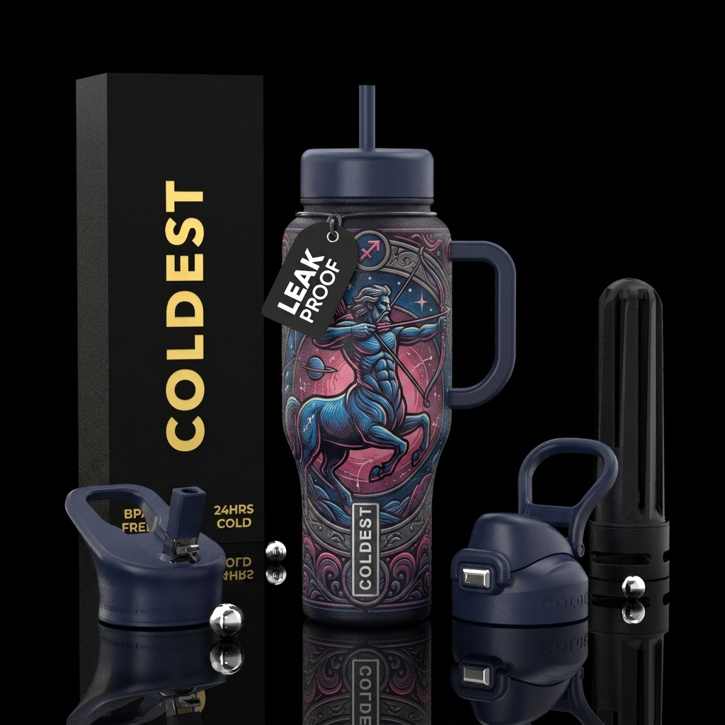 Sagittarius, centaur, bow and arrow, blue, pink, p... water bottle design