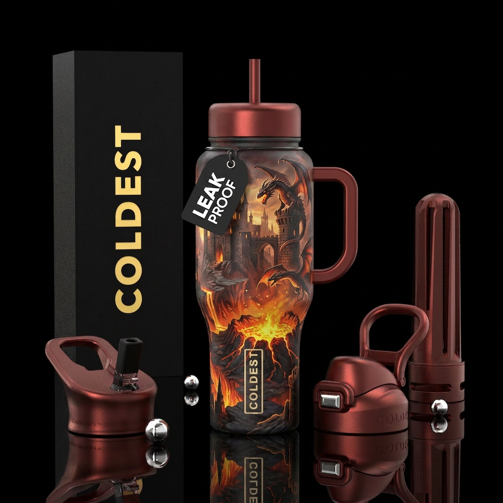 Castle, fire, brimstone, dragon, dark water bottle design