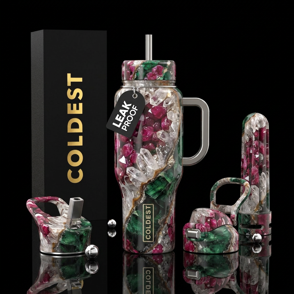 Geode, rubies, quartz, emerald water bottle design