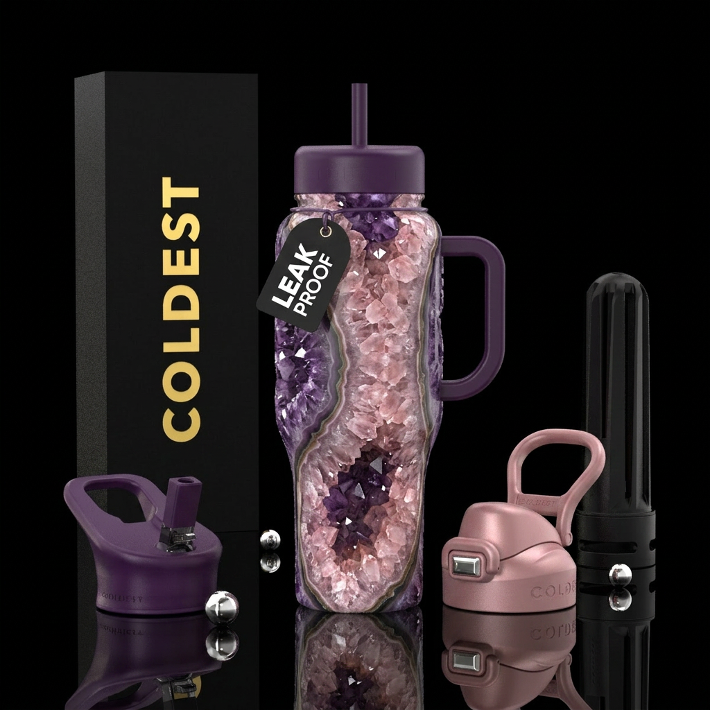 Geode, amethyst, rose quartz water bottle design