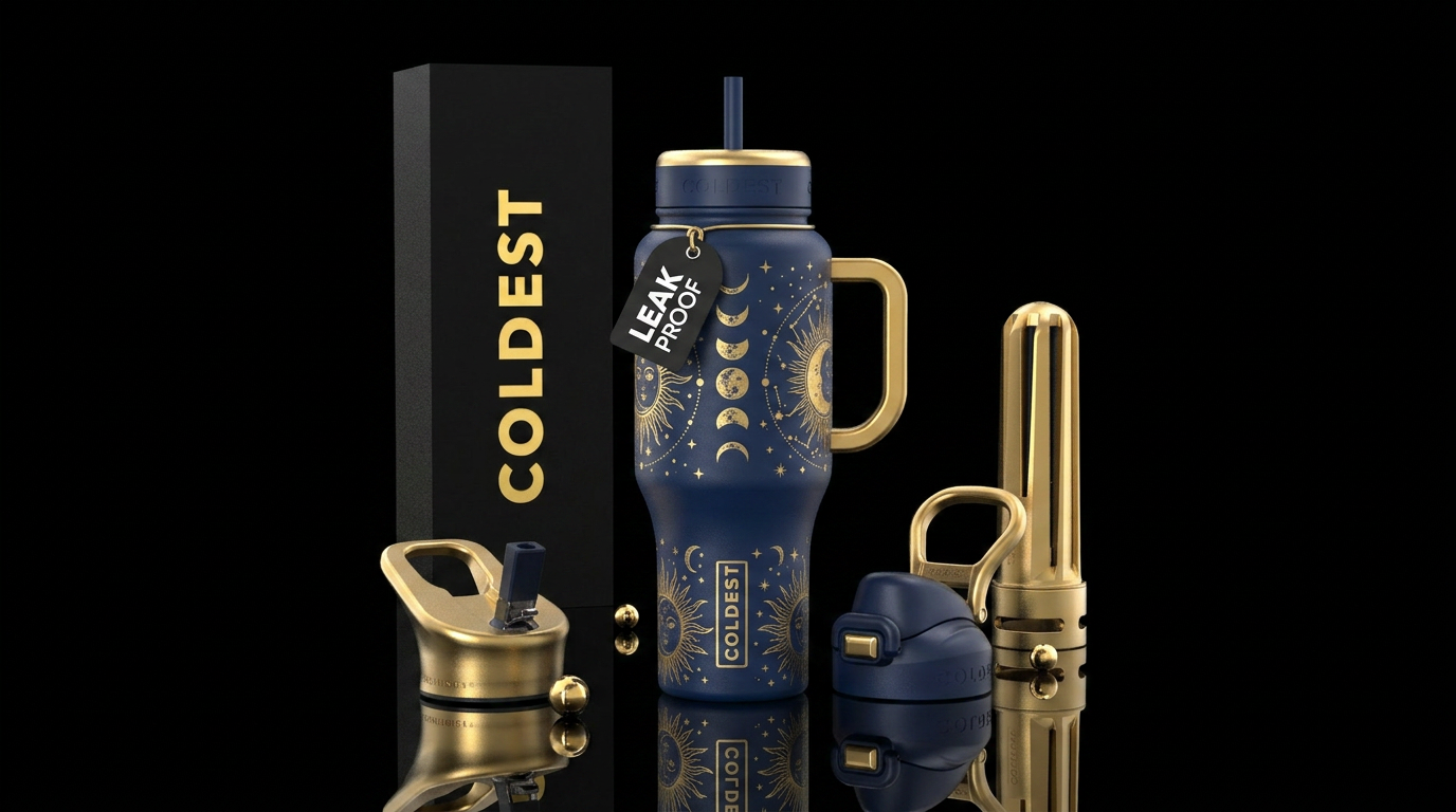 Sun, moon, moon phases, stars, blue, gold water bottle design