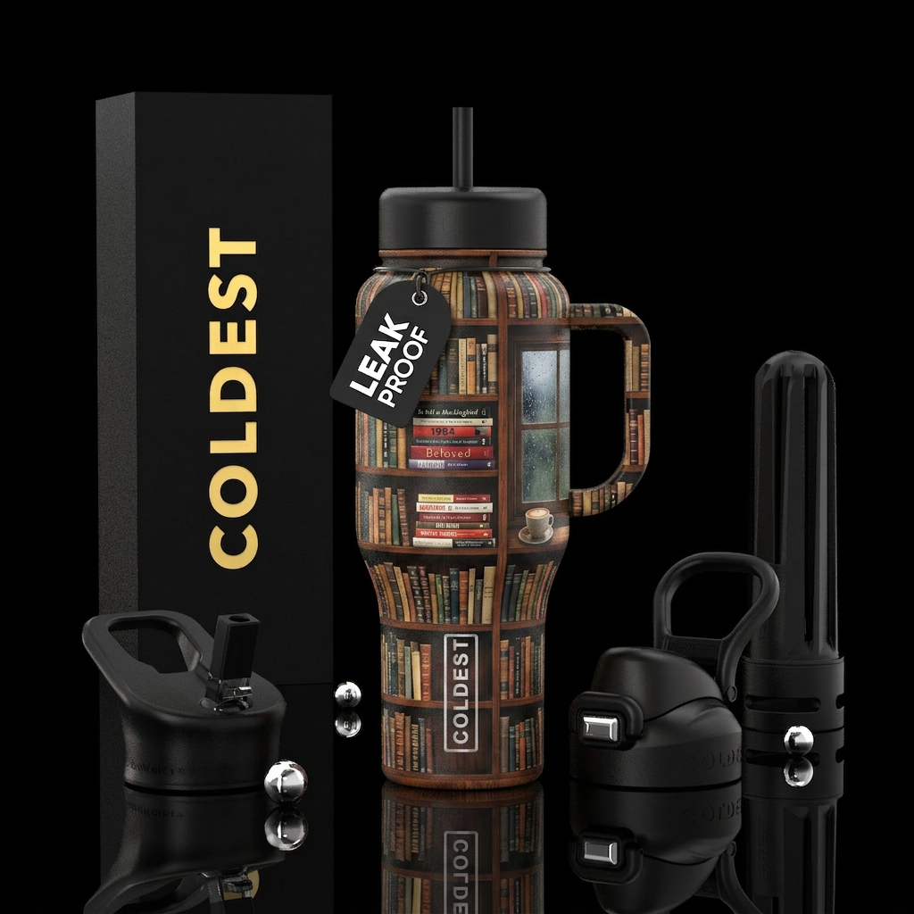 Library, banned books, stacked, shelves, window wi... water bottle design