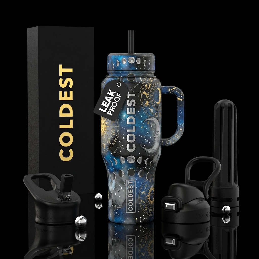 Astrology signs, moon phases, moon and sun, stars,... water bottle design