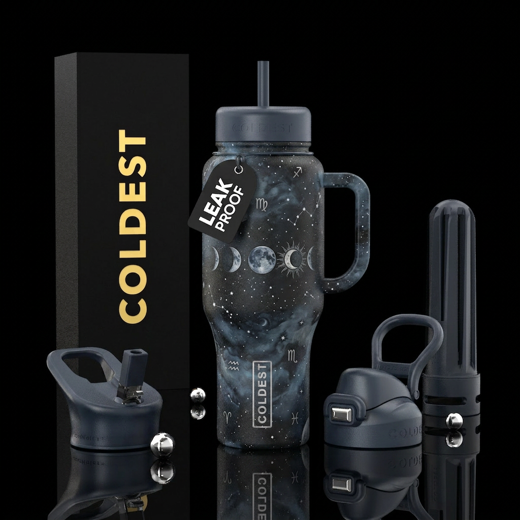 Astrology signs, moon phases, moon and sun, stars,... water bottle design