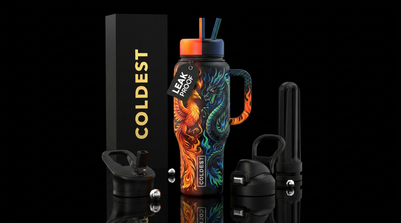 Phoenix with fire in orange and red and yellow on ... water bottle design