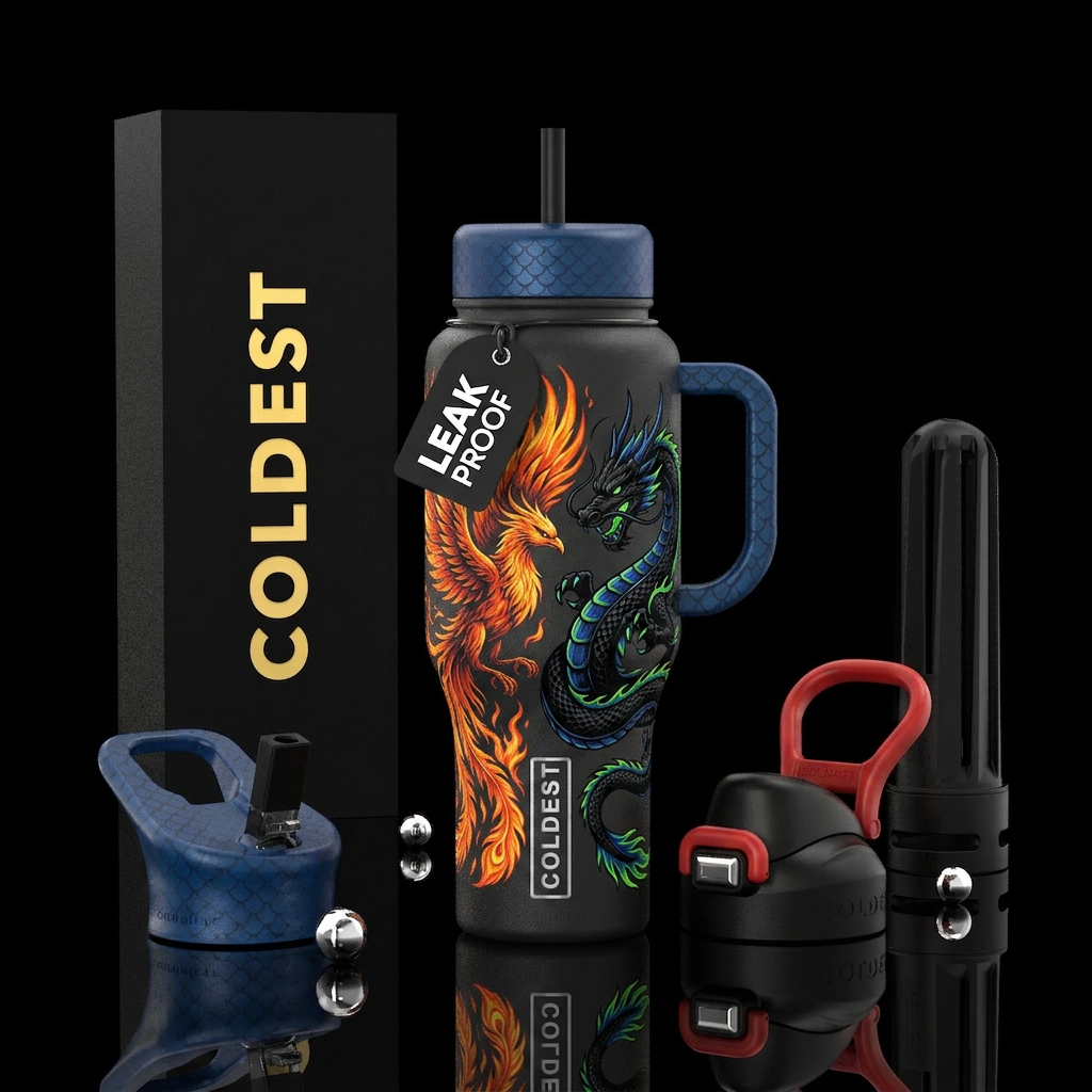 Phoenix with fire in orange and red and yellow on ... water bottle design