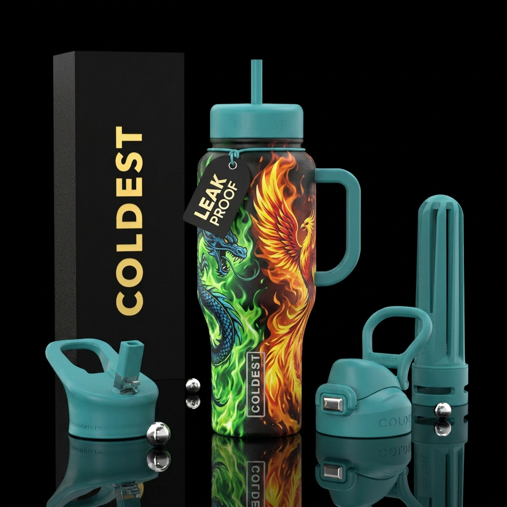 Green fire background with blue and black dragon o... water bottle design