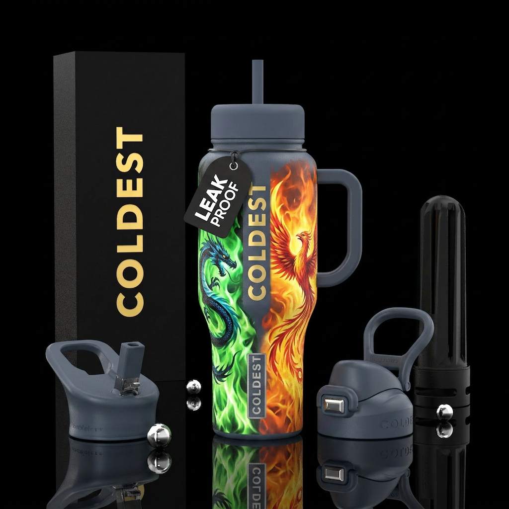 Green fire background with blue and black dragon o... water bottle design