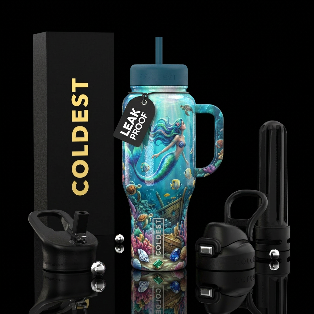 Under the sea, mermaid with blue and green, turtle... water bottle design