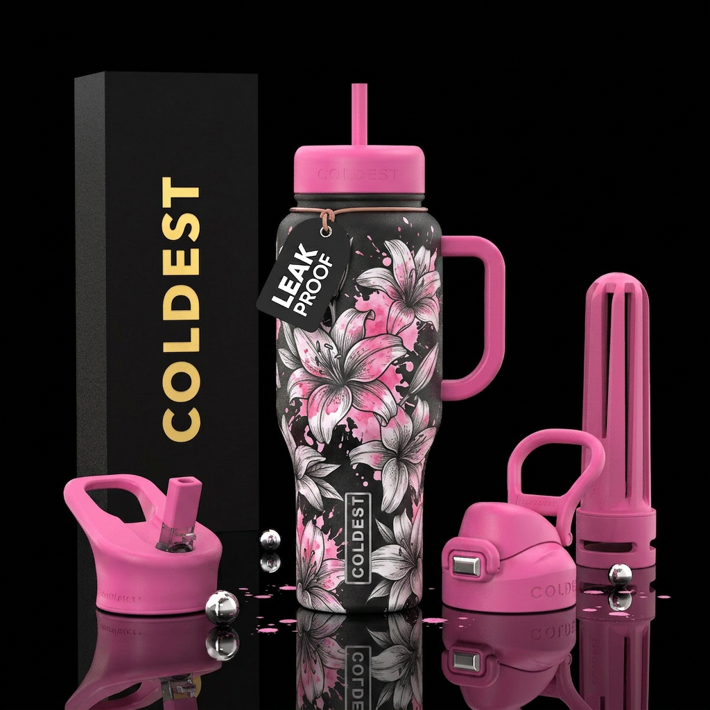 Lilies, tattoo style, black, white, grey, pink spl... water bottle design
