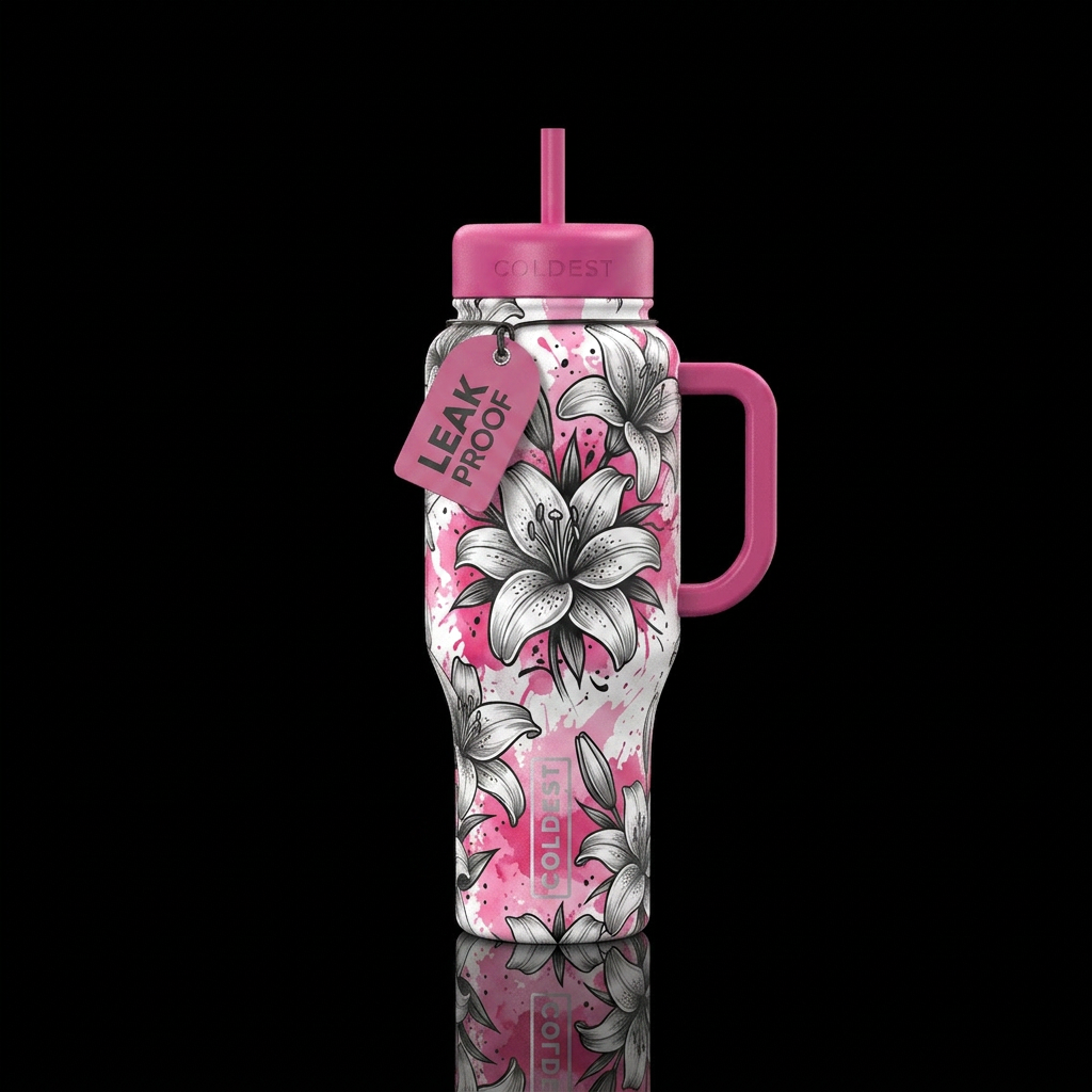 Lilies, tattoo style, black, white, grey, pink spl... water bottle design