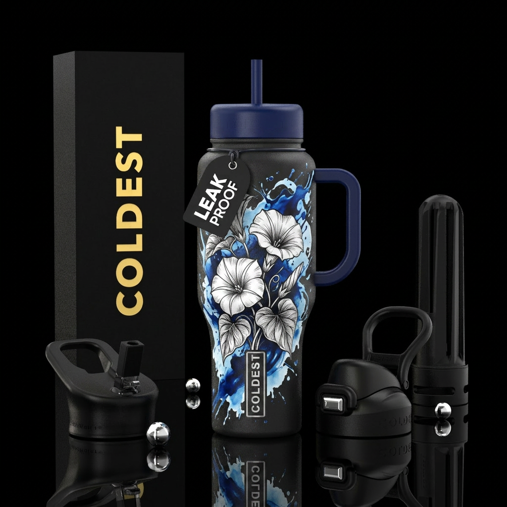 Moonflowers, black and white, tattoo style, dark b... water bottle design