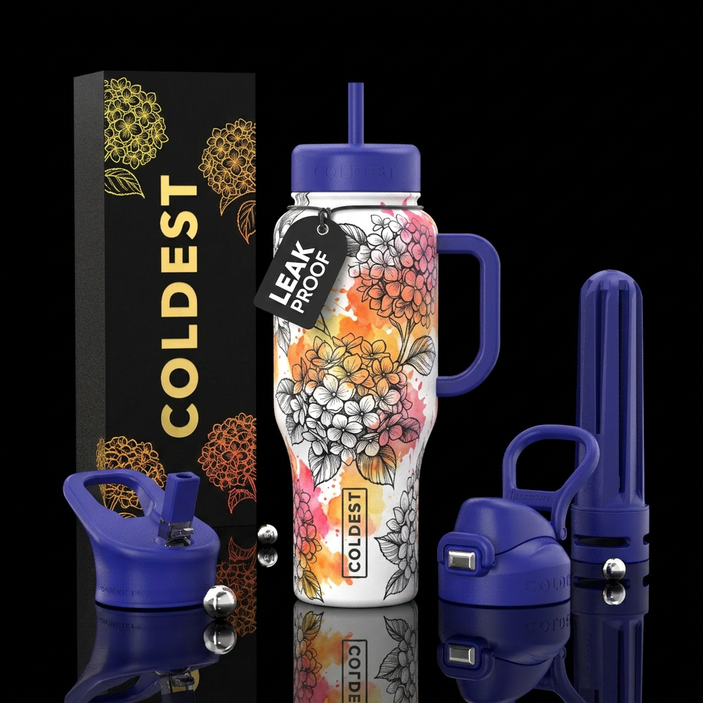 Hydrangeas, tattoo style, black and white with ora... water bottle design