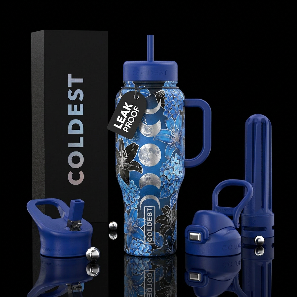 Gaia, flowers, lilies, hydrangeas, moon phases, si... water bottle design