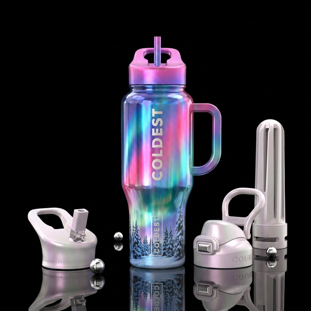 Aurora borealis, pink, blue, purple, green, snow, ... water bottle design