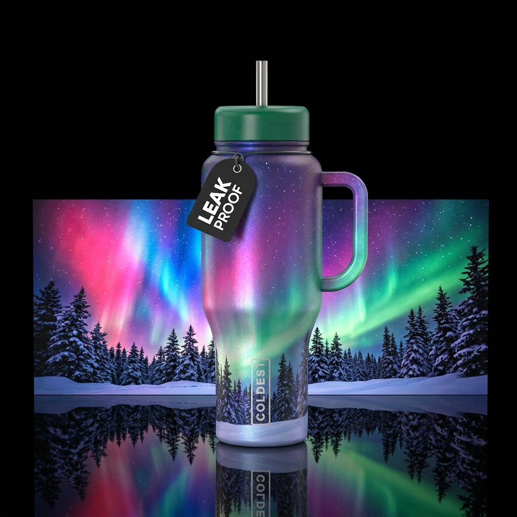 Aurora borealis, pink, blue, purple, green, snow, ... water bottle design