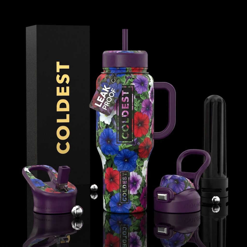 Petunias, blue, green, red, purple, white, garden water bottle design