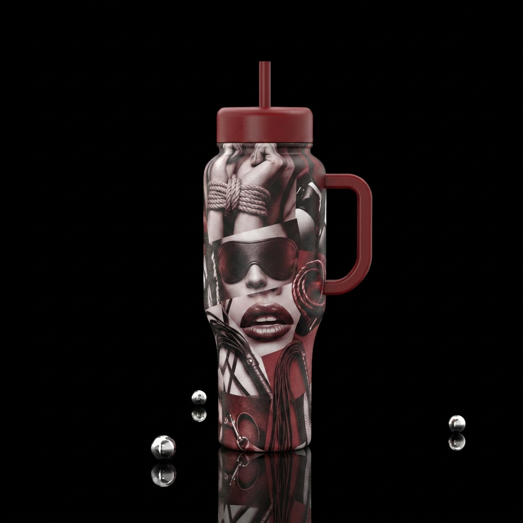 BDSM, ropes around wrists, blindfold, whips, sultr... water bottle design