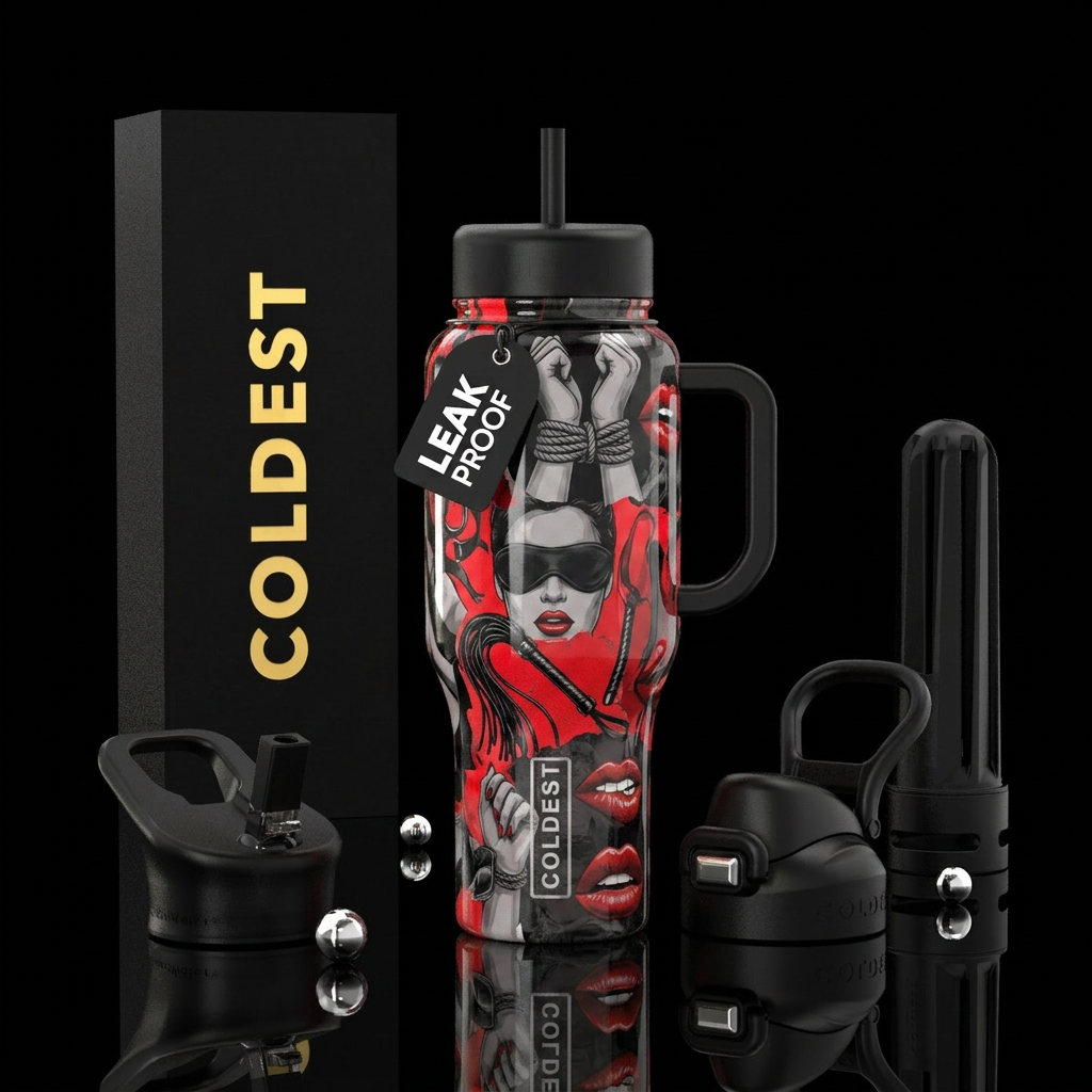 BDSM, ropes around wrists, blindfold, whips, sultr... water bottle design