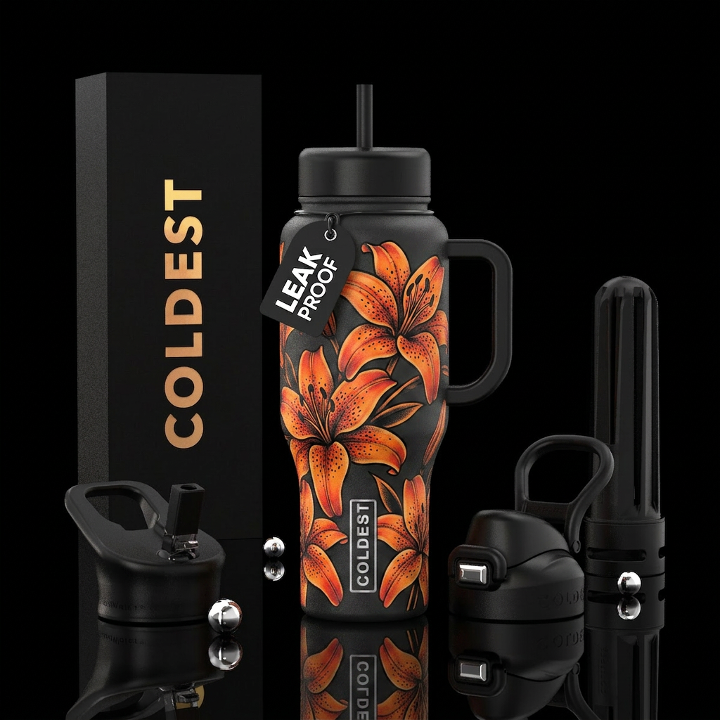 Tiger lilies, orange and black, tattoo style water bottle design