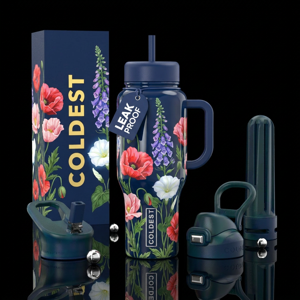 Oriental poppy, moonflower, foxglove dark blue bot... water bottle design