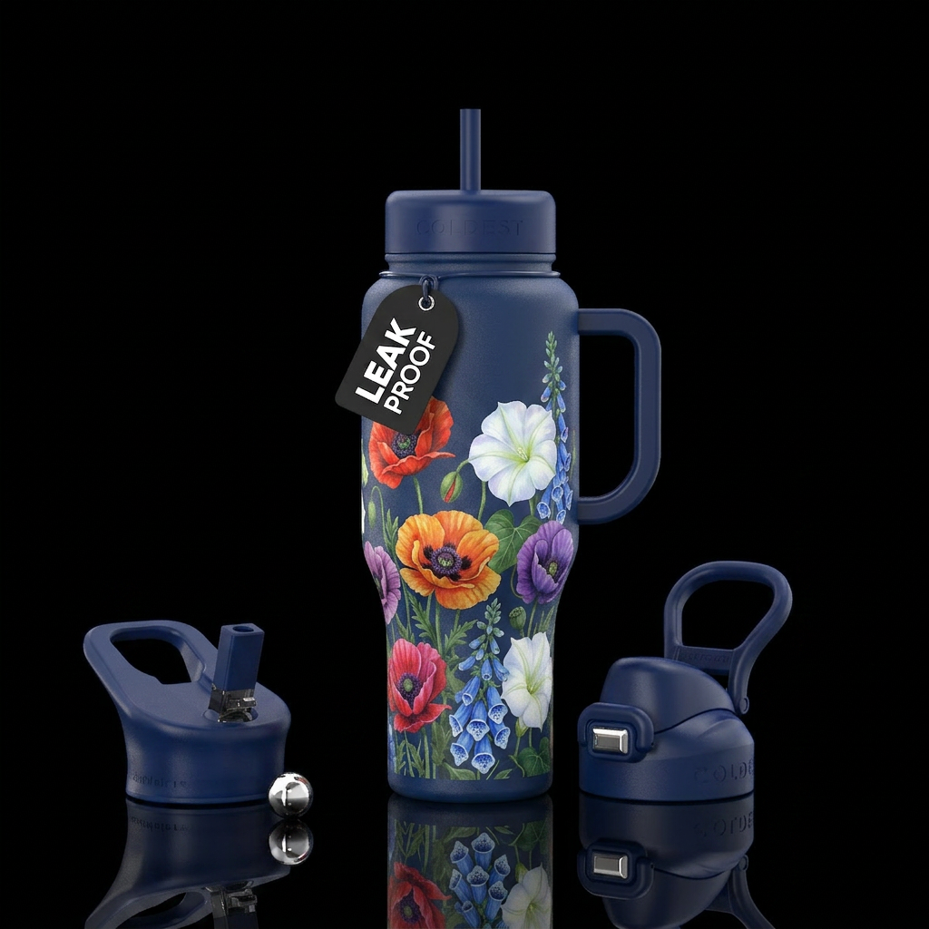 Oriental poppy, moonflower, foxglove dark blue bot... water bottle design