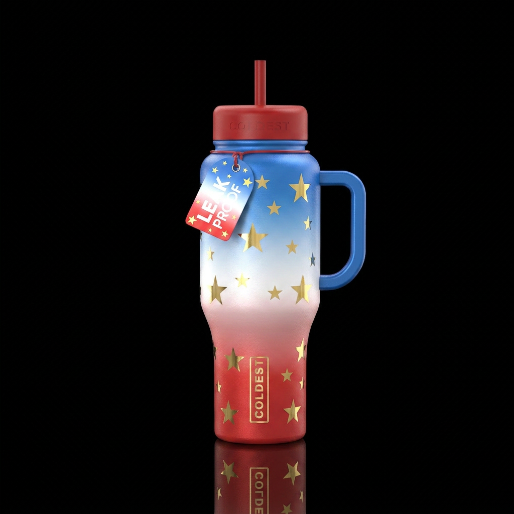 Red fade to white fade to blue with random gold st... water bottle design