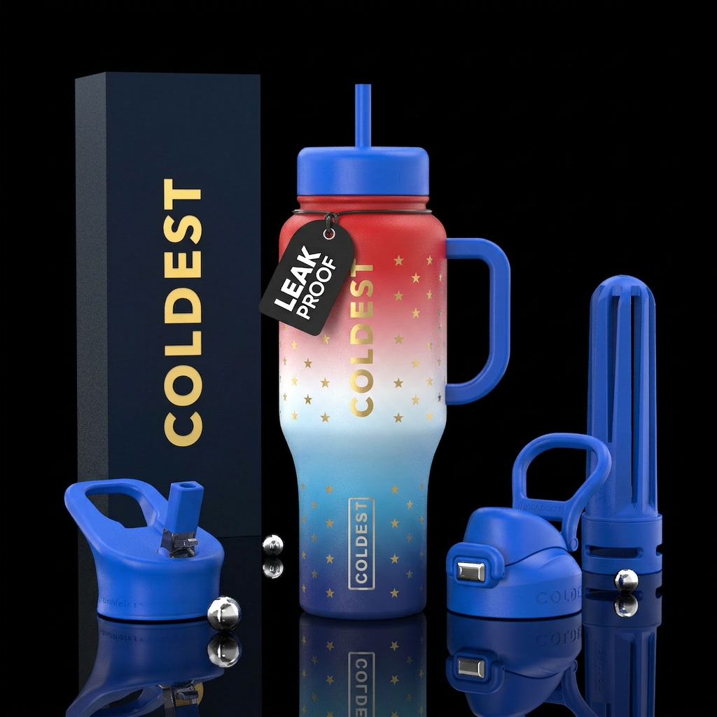Red fade to white fade to blue with random gold st... water bottle design