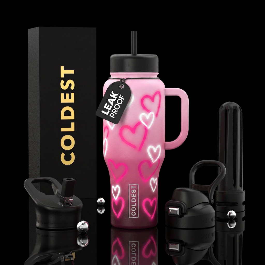 Light pink fade to pink fade to dark pink with glo... water bottle design