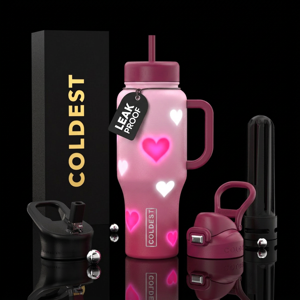 Light pink fade to pink fade to dark pink with glo... water bottle design