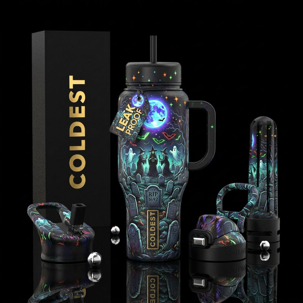 Cemetery, tombstone with RIP 1692, ghosts and witc... water bottle design