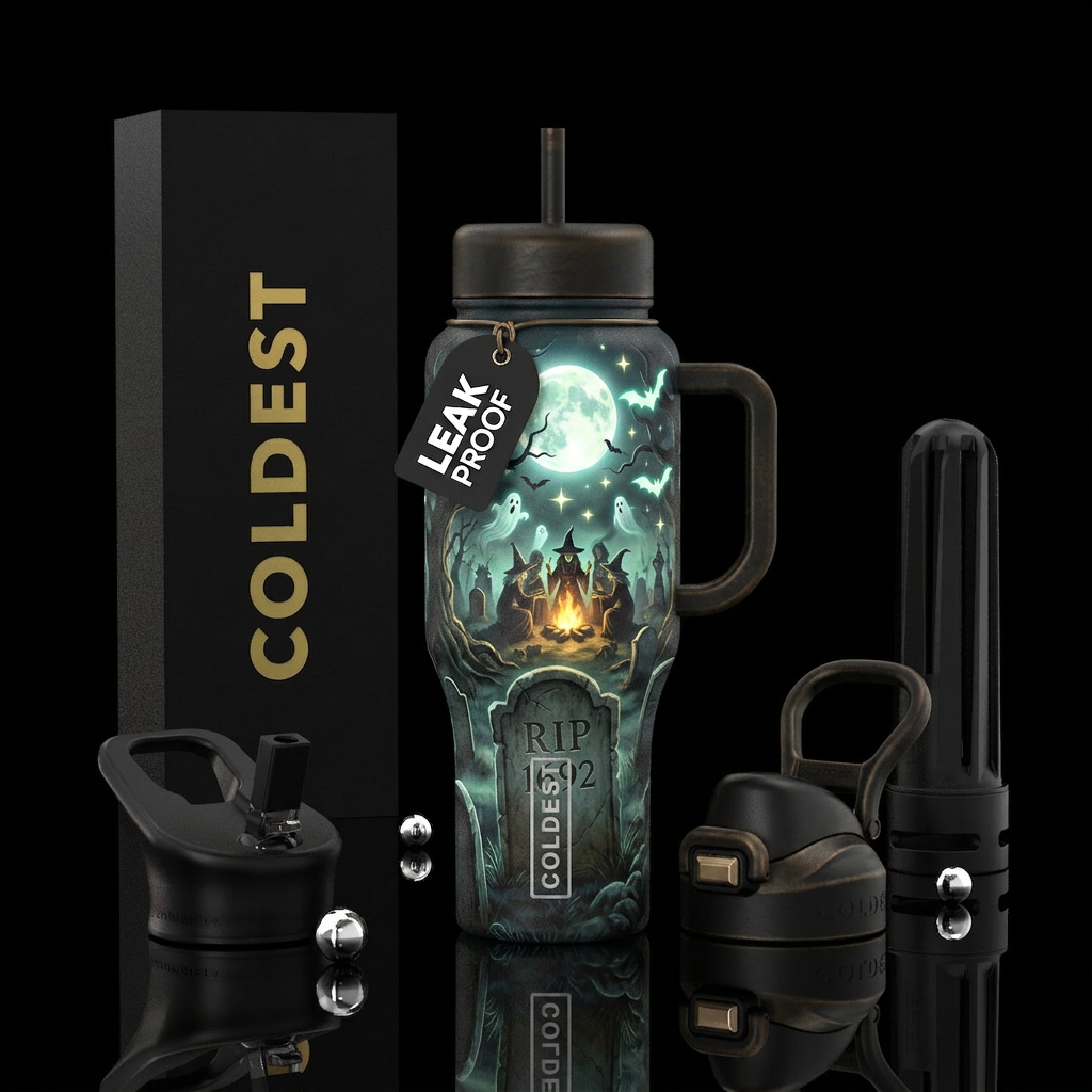 Cemetery, tombstone with RIP 1692, ghosts and witc... water bottle design