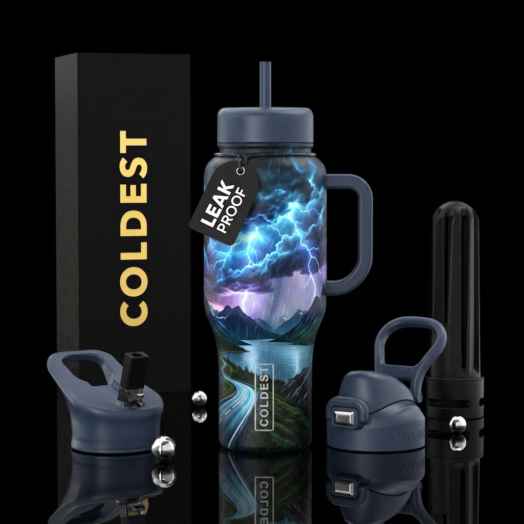 Thunderstorm, dark luminous clouds, heavy rain, hi... water bottle design