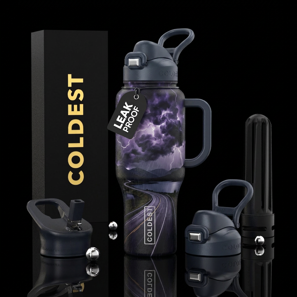 Thunderstorm, dark luminous clouds, heavy rain, hi... water bottle design