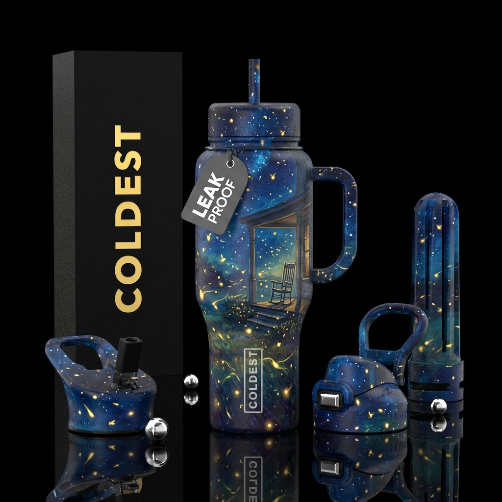 Starry night inspired, hot summer night, front por... water bottle design