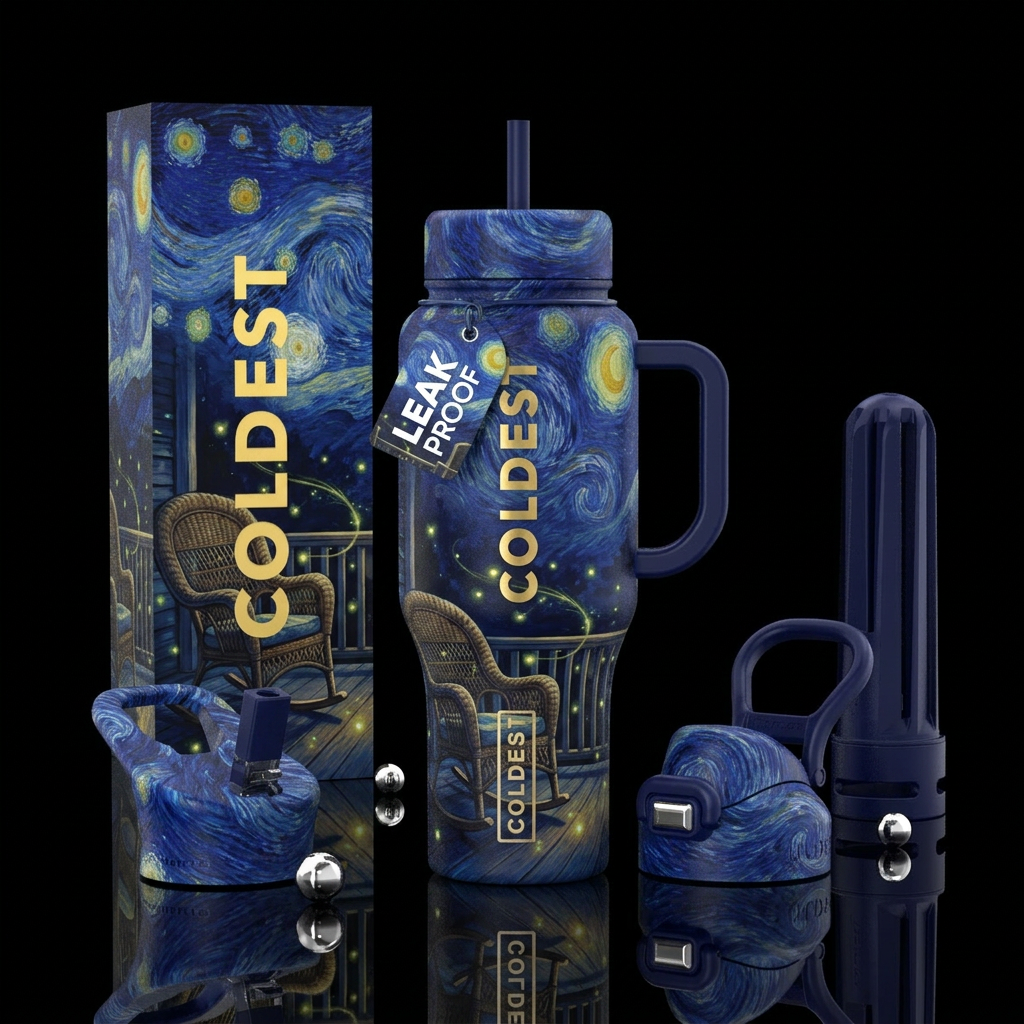 Starry night inspired, hot summer night, front por... water bottle design