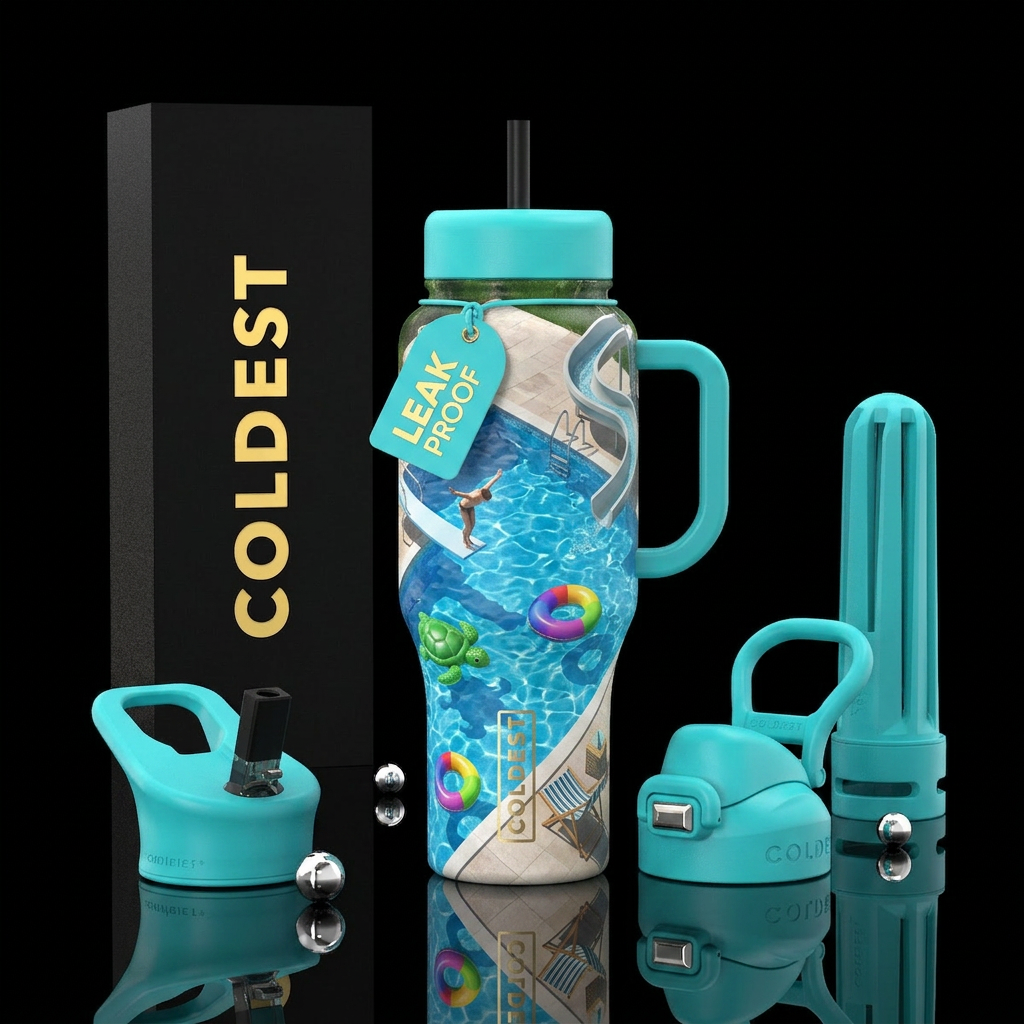 Swimming pool, diving board, water slide, floaties... water bottle design