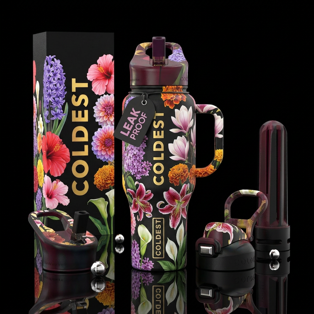 Hyacinth, hibiscus, dahlia, lilac, magnolia, marig... water bottle design