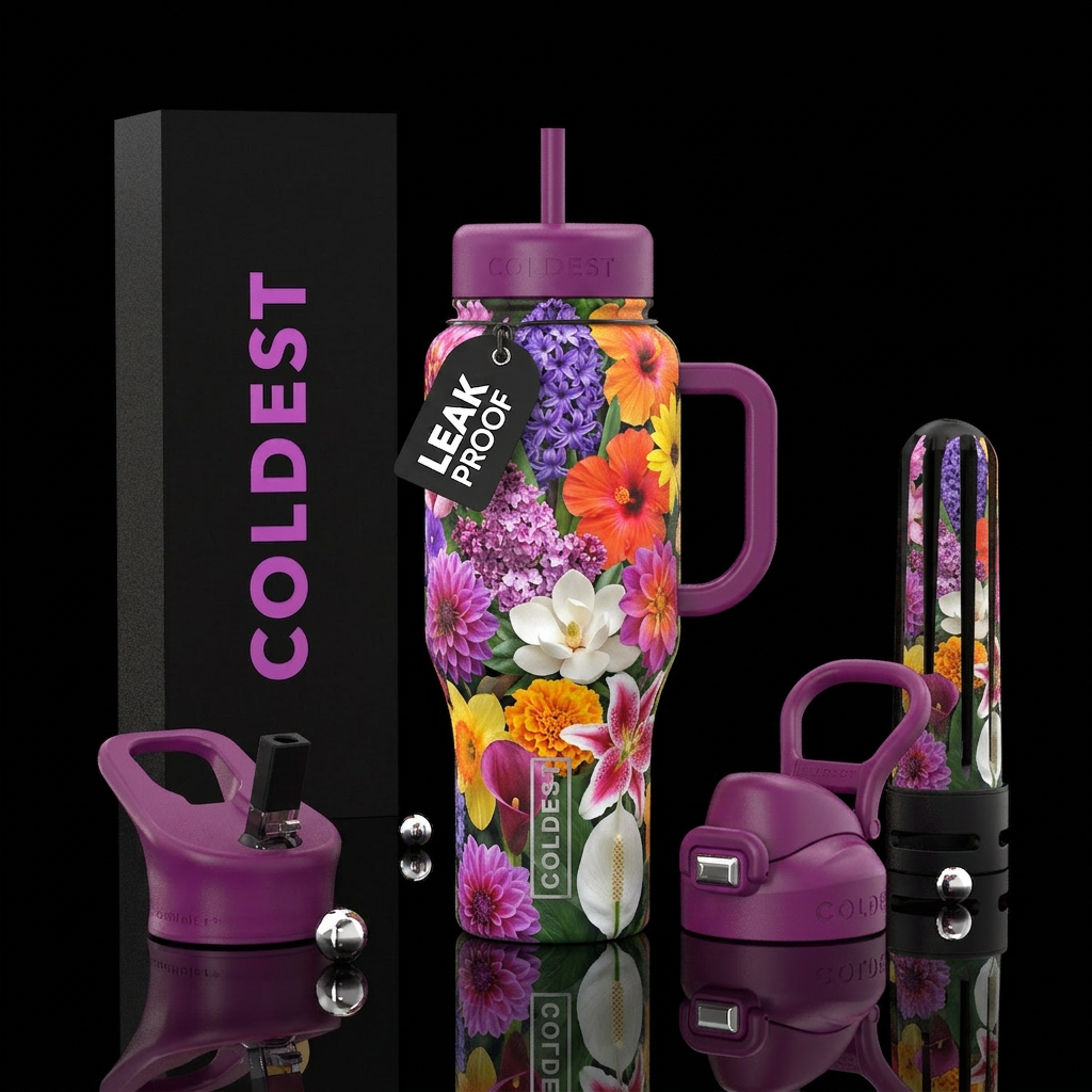 Hyacinth, hibiscus, dahlia, lilac, magnolia, marig... water bottle design