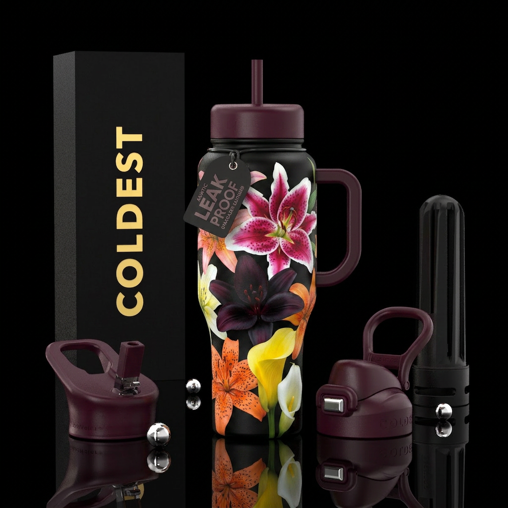 Show both sides of bottle, Asiatic lilies, Stargaz... water bottle design